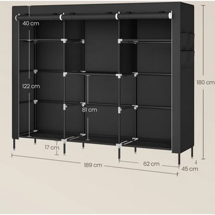 SONGMICS Stoffschrank mit Kleiderstange, Kleiderschrank mit Seitentaschen, Schrank für Schlafzimmer, 4 Hängefächer, schwarz – Bild 5