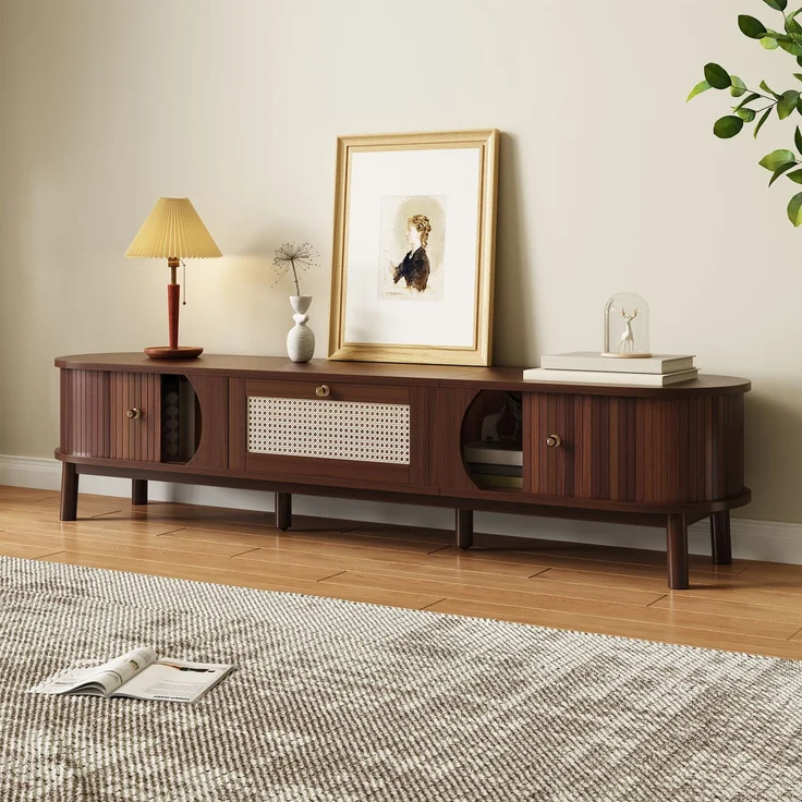 TV-Schrank Holz mit Rattanschubladen, Massivholztüren, Schiebetür, stabiles Design,Walnuss – Bild 2
