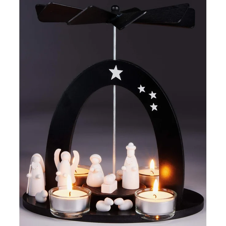 BRUBAKER Weihnachtspyramide Teelicht Holzpyramide Maria, Josef und Jesus, Weihnachtsdeko, Schwarz-weiße Teelichtpyramide mit 4 Teelichthaltern aus Glas – Bild 5