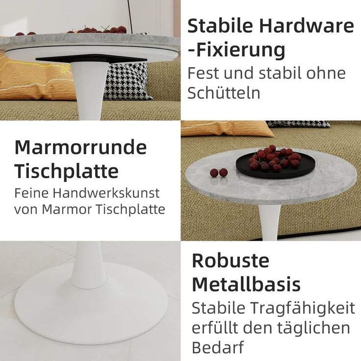 Novelux Runder Esstisch 70cm Marmor-Optik Weiß, Mid-Century Modern Küchentisch für 2-4 Personen, Kaffeetisch mit MDF-Platte & Metallgestell – Bild 3