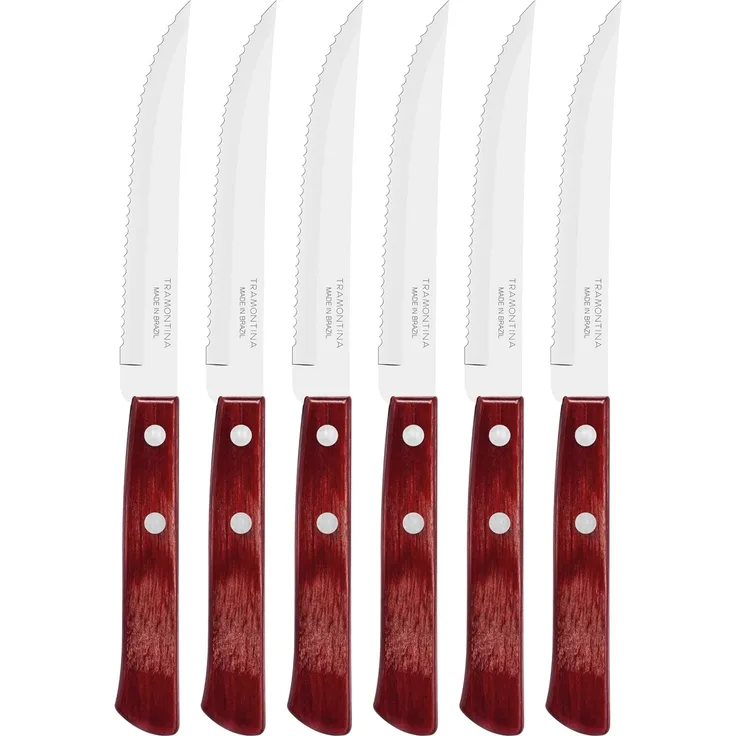 FSC Tramontina Steakmesser Pizzamesser, Set 6-teilig, mit 6 Steakmessern aus Edelstahl, Echtholzgriff braun