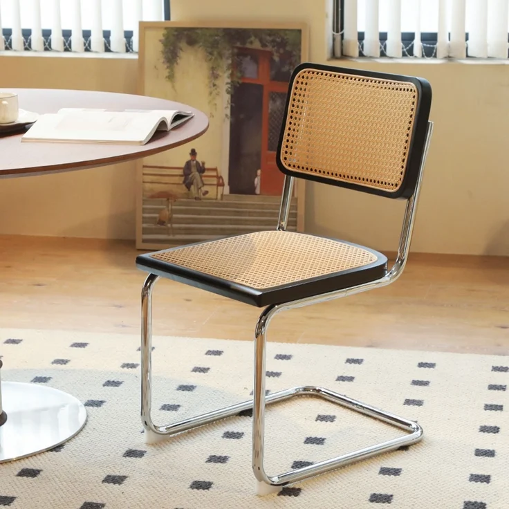 LVHOM 2er Set Freischwinger, Esszimmerstuhl mit Wiener Geflecht, Bauhaus Küchenstuhl aus Natur-Rattan, 25mm Chromgestell, stapelbarer Wohnzimmerstuhl, Schwarz – Bild 7