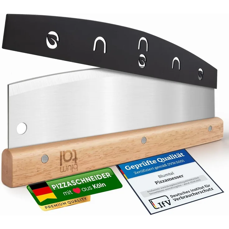 Blumtal Pizzaschneider Premium Wiegemesser, 32cm Edelstahlklinge, 1,2mm Klingenstärke, Ergonomischer Holzgriff