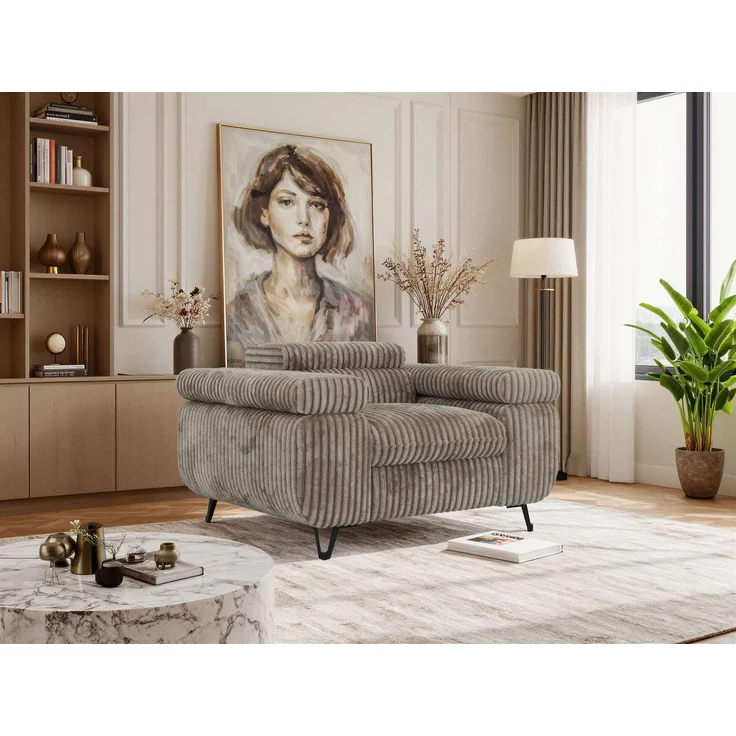 Einzelsessel, Polstersessel PETER mit verstellbaren Armlehnen und Kopfstütze, 1-Sitzer Sofa, Ohrensessel, Wellenfeder - Hellbraun Cord – Bild 1