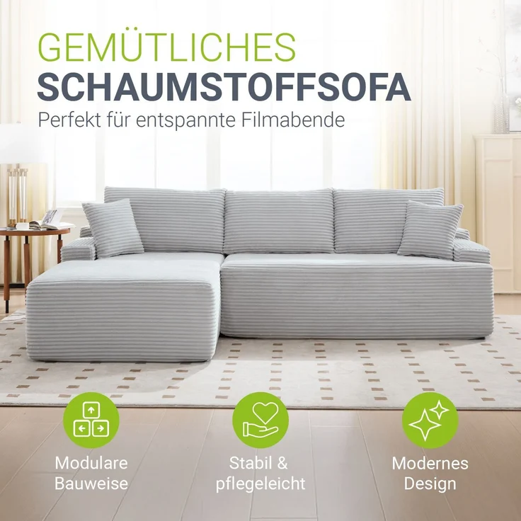 Juskys Sofa Coredo - modernes Cord Sofa mit Ottomane links, gemütliche Couch mit Schaumstoffpolsterung, Cordbezug & Kissen, modular - Hellgrau – Bild 2