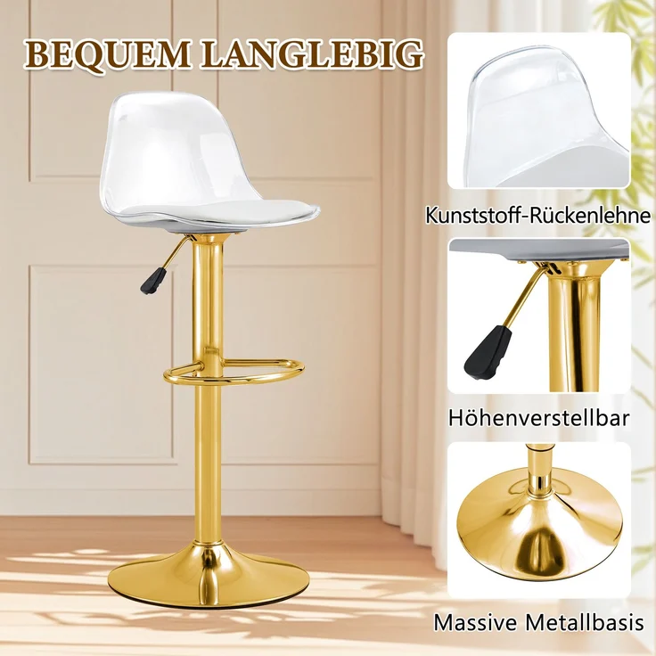 2er-Set Barhocker, höhenverstellbar H 104 x T 40.5 x B 40.5 cm, transparente Rückenlehne, goldfarbenes Metallgestell – Bild 5