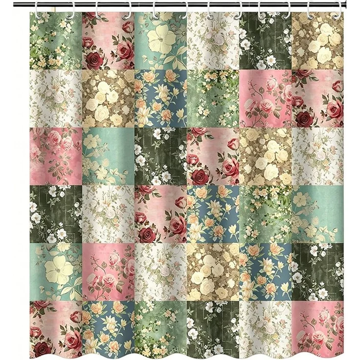 Zyronn Duschvorhang Vintage-Boho-Badezimmerdeko mit rosa Blumen, 80x200cm/180x180cm Breite 180 cm, Patchwork-Blumendesign im Landhausstil, mit 12 transparenten Ringen – Bild 1