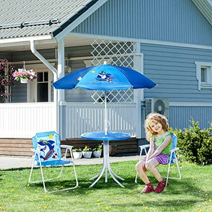 Outsunny Kindersitzgruppe, 4 teilige Kindersitzgarnitur mit Sonnenschirm, Kindertisch mit 2 Klappstühlen, Outdoor Picknicktisch für Kinder 3-6 Jahre, Gartenmöbel für Garten, Hinterhof, Terrasse, Blau – Bild 2
