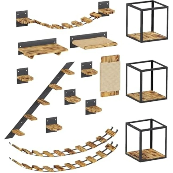 QLS Katzen-Kletterwand LOFT Wand- & Deckenmontage, Set Aus Metall pulverbeschichtet und Holz Geflammt 15 Teilig – Bild 1
