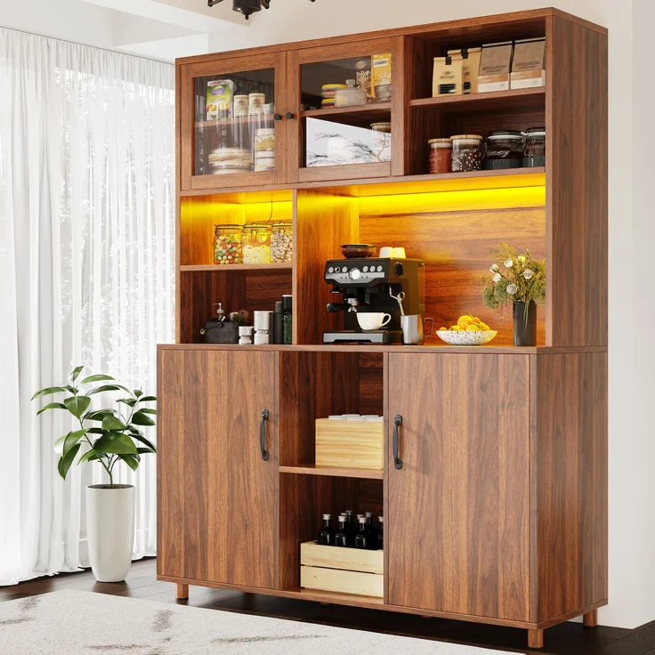 Hochschränke fürs Wohnzimmer(140×40×185cm), Küchenschrank,Esszimmerschrank,Schränke mit LED-Beleuchtung, Schranktür mit Snackablage,Retro-Stil, Walnussfarbe--Walnussbraun--140x40x185cm--YOUDENOVA – Bild 3