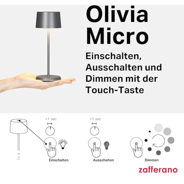 Zafferano, Olivia Micro Lampe, Kabellose, Wiederaufladbare Tischlampe mit Touch Control, Auch für den Außenbereich Geeignet, Dimmer, 2200-3000 K, Höhe 20 cm, Farbe Sand – Bild 5