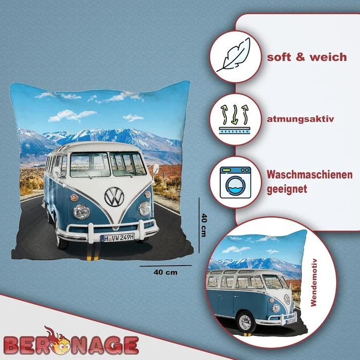 BERONAGE Dekokissen VW Volkswagen Bulli T1 Blau 40 x 40 cm Kissen pass. zur Bettwäsche 236, kuschelweich – Bild 2
