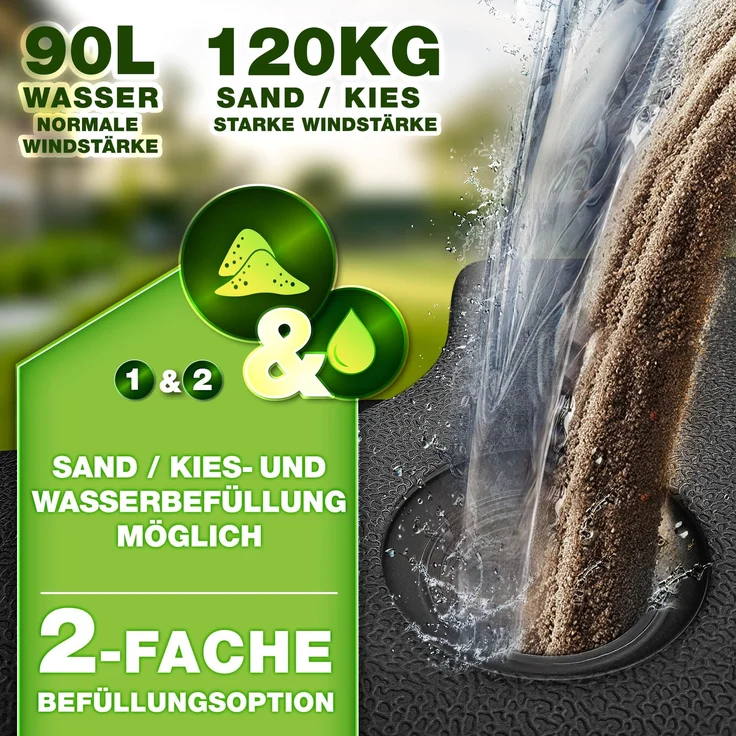 tillvex® Sonnenschirmständer Anthrazit 90 Liter / 120 kg – 4-teilig für Ampelschirm inkl. Metallverbinder | Schirmgewicht befüllbar mit Wasser oder Sand | Schirmständer Ampelschirmständer wetterfest – Bild 3