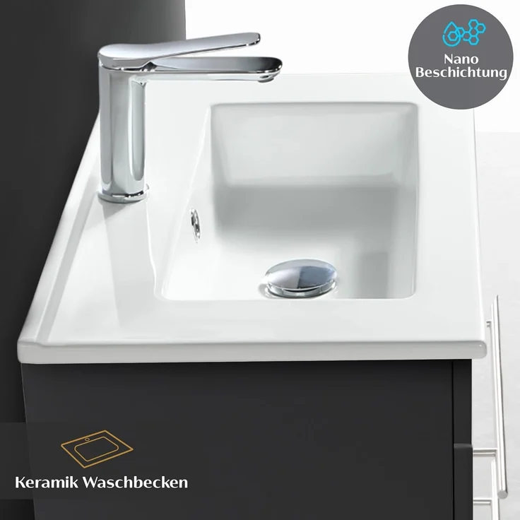 Alpenberger Badmöbel-Set Waschbecken mit Unterschrank - Waschbeckenunterschrank mit Schubladen, (Waschtisch mit Waschbecken 60cm breit, Waschbeckenschrank Hängend), Badezimmerschrank Schwarz Matt 60 cm Breit – Bild 4