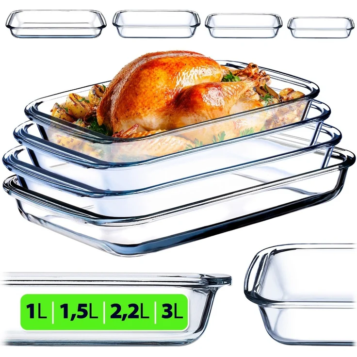 KADAX rechteckige Auflaufform 1 + 1,5 + 2,2 + 3L aus hitzebeständigem Glas, Spülmaschinenfeste Gasbackformen, Geschirr zum Braten, Glasauflaufform für Lasagne, Kuchen 4er-Set – Bild 1