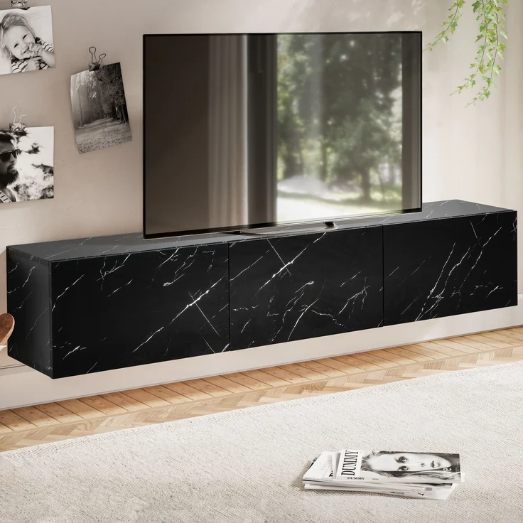 FINEBUY Lowboard FB58628 (Marmor-Optik Schwarz 120x30x30 cm mit zwei Türen), TV-Kommode Hoch, TV-Schrank Modern, Fernsehtisch – Bild 1
