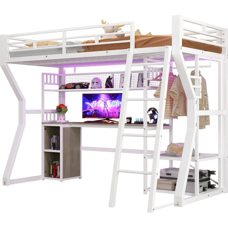 Hochbett 90x200 cm mit Eisenrahmen, LED-Lichtleiste, Steckdose, Kleideraufhängung, Schreibtisch und Staufächern, Weiß – Bild 1