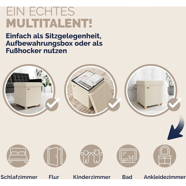 CASARIA® Sitzhocker mit Stauraum, Samt, beige – Bild 8