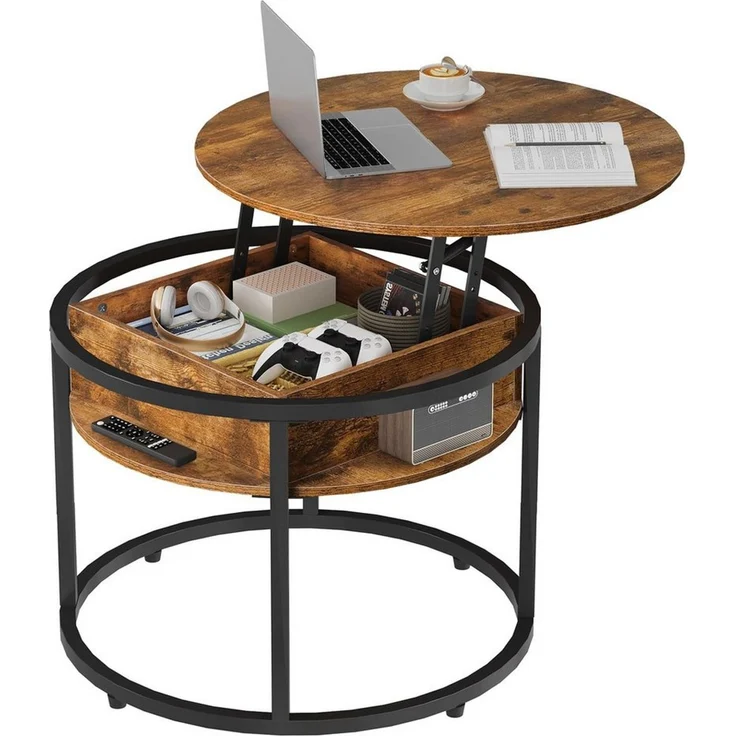 WLIVE Couchtisch Couchtisch Höhenverstellbarer Runder, 2-facher Stauraum & Ablage (Packung, 1 Tisch), Beistelltisch aus Holz & Metall, höhenverstellbar, 60 x 60 x 48-61 cm – Bild 1