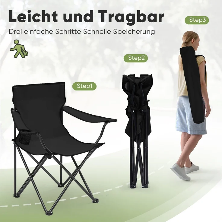 Sunula Campingstuhl Faltbar Anglerstuhl Ultraleicht Faltstuhl mit Armlehnen, mit Getränkehalter, mit Tragetasche, bis max. 100 kg, Schwarz – Bild 6