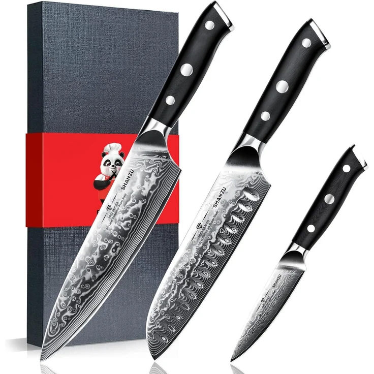 SHAN ZU Damastmesser-Set, 3-teilig japanisches Superstahl-Damast-Küchenmesser-Set, hochkohlenstoffreiches professionelles ultrascharfes Kochmesser-Set mit G10-Griff Geschenkbox