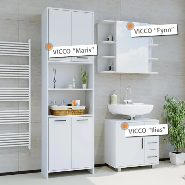 Vicco Badmöbelset Maris, Hochschrank und Spiegelschrank in Weiß mit höhenverstellbaren Einlegeböden und Melaminharzbeschichtung – Bild 2