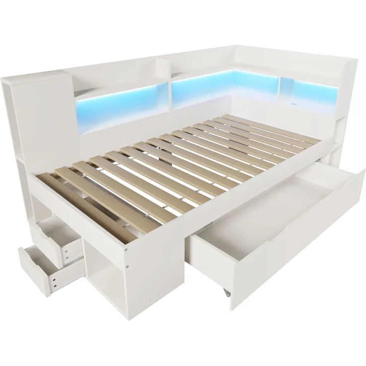 CHICFURN Bett aus Holzwerkstoff Weiß 90x200 cm mit LED-Beleuchtung und USB- und Type-C-Anschlüssen – Bild 8