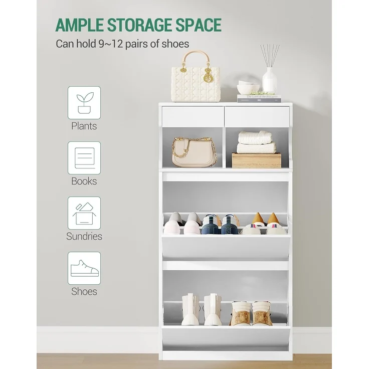 Schuhschrank, Schuhregal Schuhkipper Schmal, Verstellbar, Schuhkommode für Eingang, Flur, Garderobe, 12 Paar, 2 Klappen (60B cm), Weiß – Bild 5
