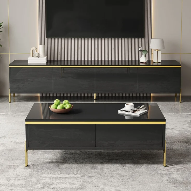 EINHOM Modernes Luxus-TV-Schrank- und Couchtisch-Set, Hochglänzende Oberfläche in Unifarbe, Goldene Kanten, Großzügiger Stauraum – Bild 6
