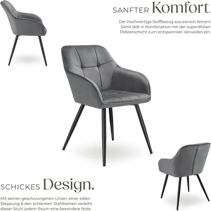 tectake Esszimmerstuhl Polstersessel gepolstert, in Samtoptik, gesteppt, 58 x 62 x 82 cm (Küchenstuhl Marilyn in grau/schwarz, 6 St), durchgehende Lehne, Stahlbeine, bodenschonend, Belastbarkeit 120 kg – Bild 3