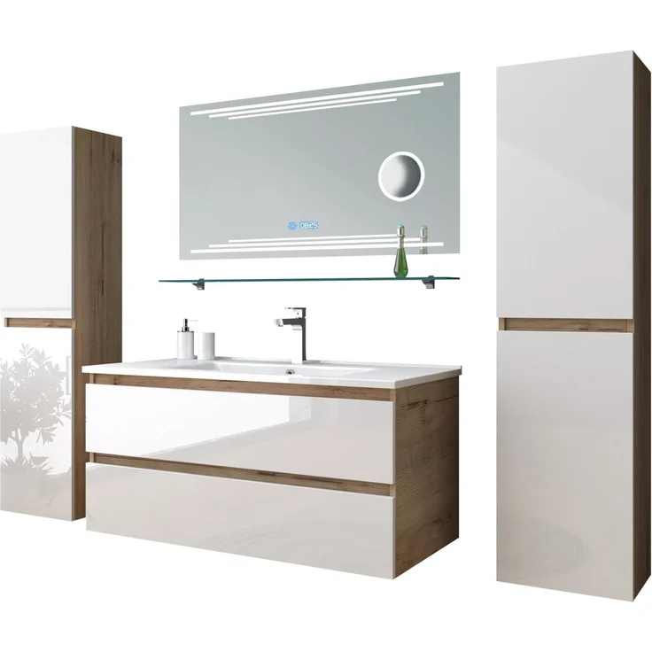 Homeline Badmöbel Set Eiche/Weiß Leonard Hochglanz 90 cm Spiegel incl LED (90, 6, 2X Seitenschränke) – Bild 2