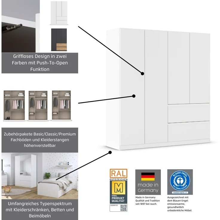 rauch Joel, Kleiderschrank, 3-türig, mit Spiegel, 2 Schubladen, push-to-open, mit 2 Kleiderstangen und 2 Einlegeböden, Farbe Weiß, BxHxT 136x197x54cm – Bild 9