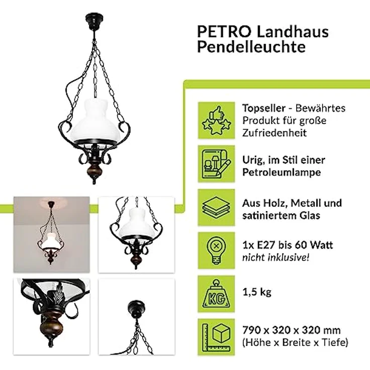 Licht-Erlebnisse Pendelleuchte Petronel, Aluminiumguss mit Fuß aus Walnuss Holz und satiniertem Glas, Landhaus Stil – Bild 2