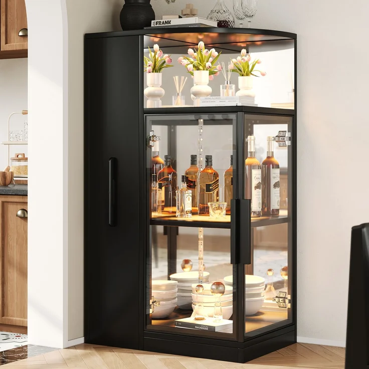 ZUBALIYA Ausziehbare Glasvitrine 64×42×112 cm mit LED-Beleuchtung, Vitrine mit doppelseitigem ESG-Glas, ausziehbarer Seitenschrank,Vitrine,Sammlervitrine, Weinschrank, Küchenschrank, Schwarz – Bild 2