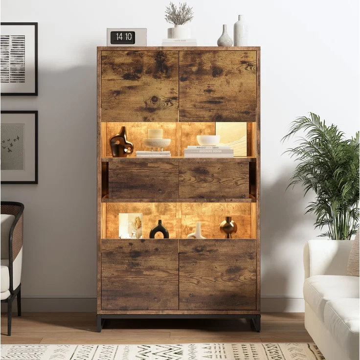 Vitrine aus MDF mit LED-Beleuchtung, 80x40x138 cm, Schwarz mit Holzmaserung – Bild 4