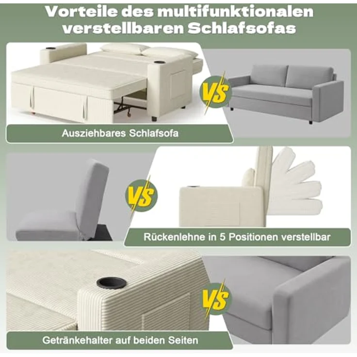 JUMMICO Schlafsofa 2 Sitzer klein Sofa mit Schlaffunktion Schlafcouch Ausziehbar mit Kissen Couch Cord-Bezug mit Getränkehalter Klappsofa Für Wohnzimmer Schlafzimmer,75 x 160 x 100 cm,Grau – Bild 4