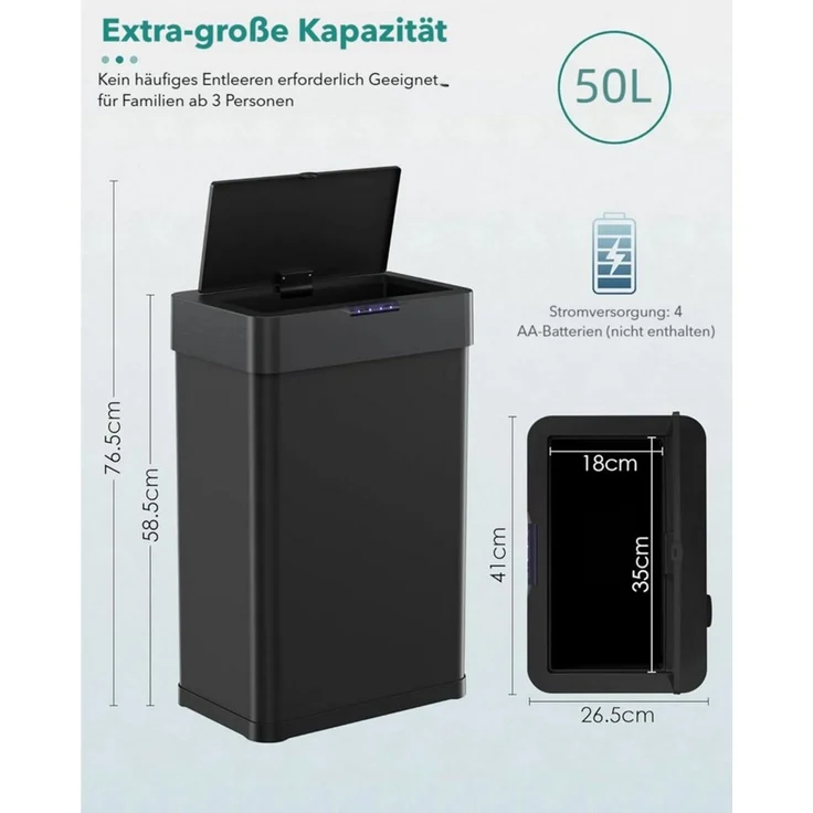 TLGREEN Mülleimer mit Sensor,automatischer Abfalleimer 30/50/60 L, mit Klemmring für Müllbeutel,Softclose-Deckel, Stahl – Bild 3