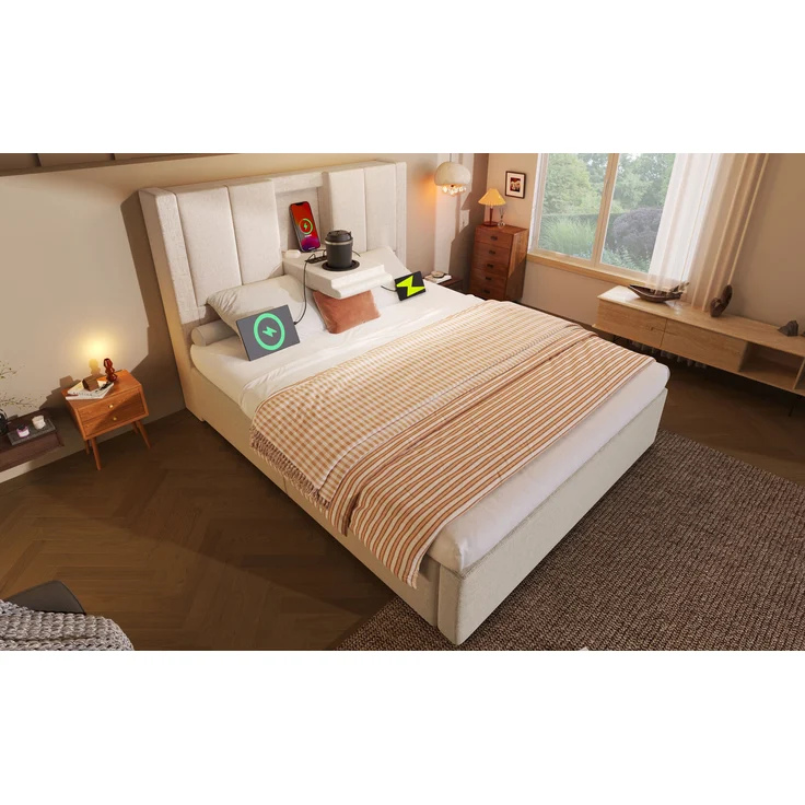Einzelbett mit Klapp-Kopfstütze & Ladestation, Leinen, 90x200 cm, Beige, mit Matratze – Bild 2
