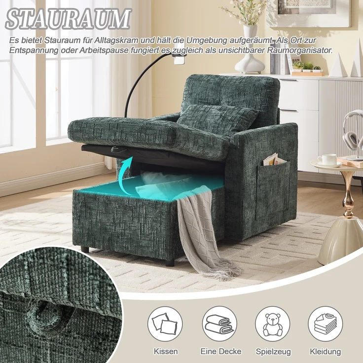 LVHOM Einzelsofa mit Handyhalterung, Polsterliege mit Bettkasten und Seitentaschen, Relaxsessel Schlafsofa mit versteckten Stauraum – Bild 4