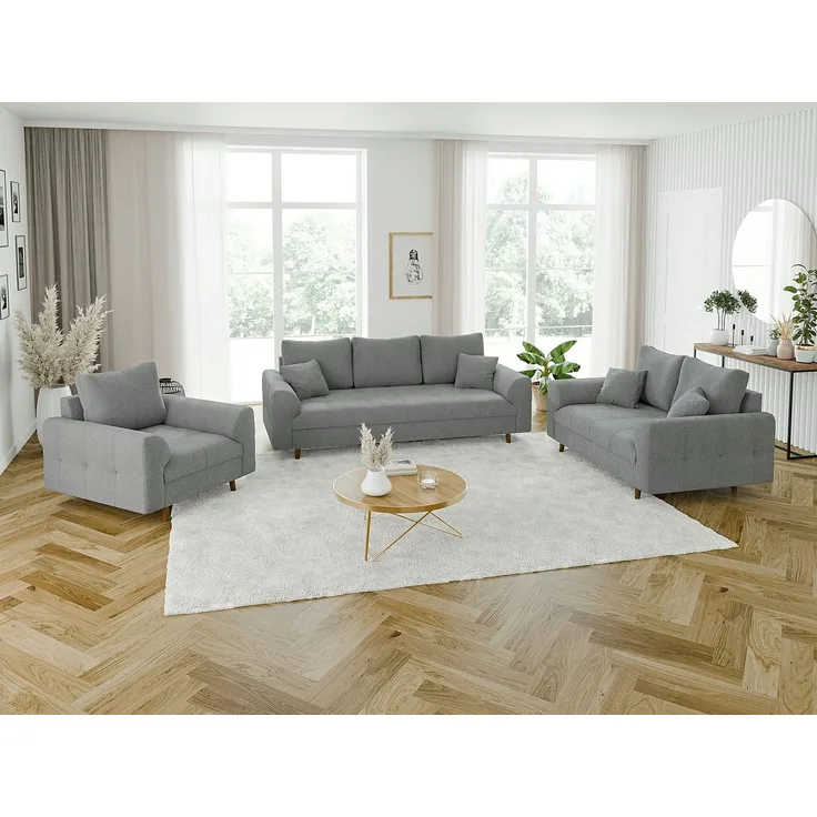 S-Style Möbel Polstergarnitur 3+2+1 Leif mit Holzfüßen im skandinavischen Stil aus Boucle-Stoff, (1x 3-Sitzer-Sofa, 1x 2-Sitzer-Sofa, 1x Sessel), mit Wellenfederung
