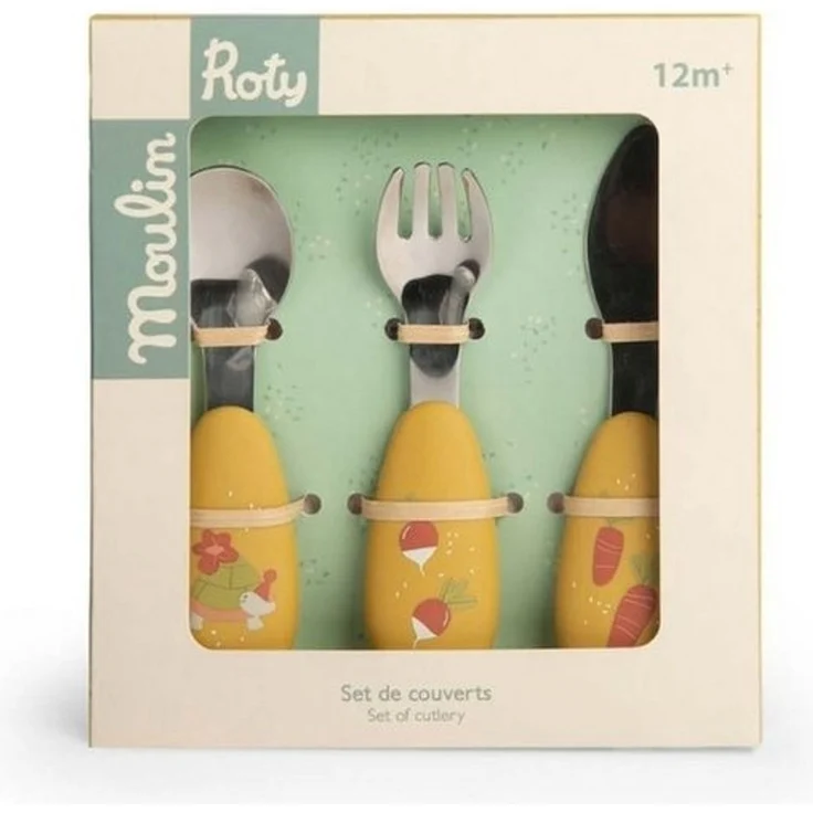 Moulin Roty Kinderbesteck Kinderbesteck mit weichem Griff 3er Set 12 cm Messer Gabel Löffel, 1 Personen – Bild 2