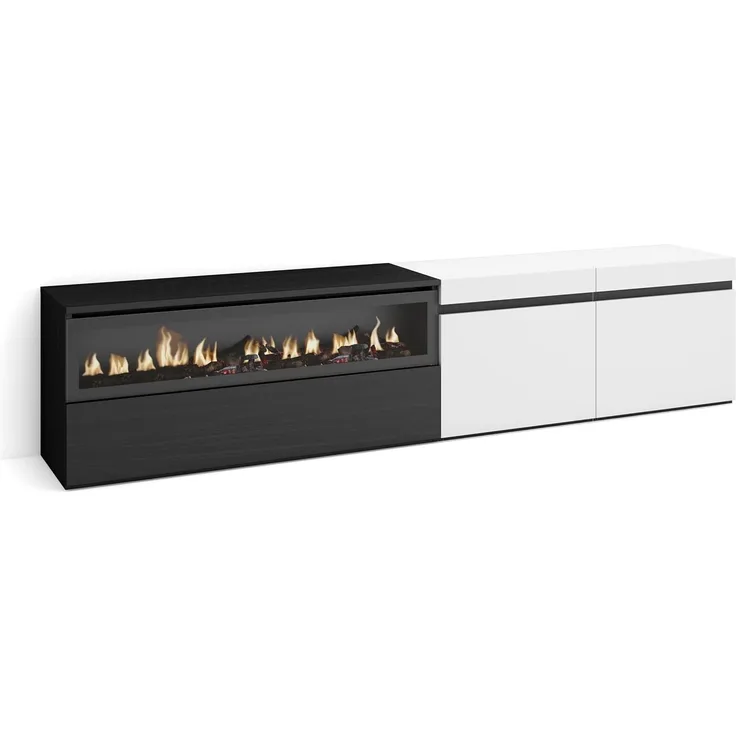 Skraut Home | TV-Schrank, Lowboard | für Wohnzimmer und Esszimmer | 200 x 45 x 35 cm | Für TV-Geräte bis zu 80" | Elektrokamin. Maße | Moderner Stil | Weiß und Schwarz
