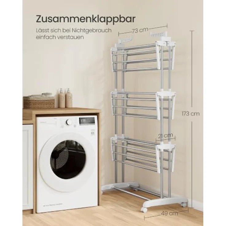 SONGMICS Wäscheständer, Standtrockner 4 Ebenen, Flügelwäscheständer, klappbare Flügel, mit Rollen, 63,5 x 128 x 173 cm, groß, einfacher Aufbau,Silbergrau-wolkenweiß LLR701EW01 – Bild 7