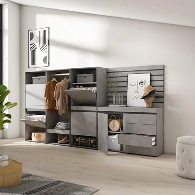 Skraut Home | Schuhregal, Schuhschrank | Schuhaufbewahrung | 287x145x35 cm | Für Schlafzimmer, Zimmer | Offener Kleiderschrank | Kommode mit Schubladen | Lamellenwand Holz | Moderner Stil | Zement – Bild 4