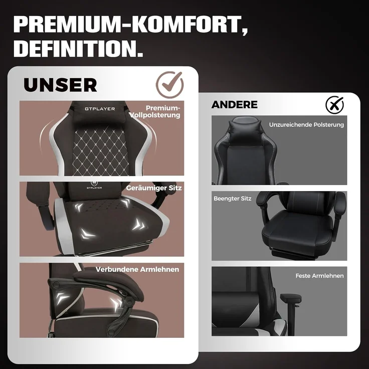 GTPLAYER Gaming Stuhl Ergonomischer, PC Stuhl Atmungsaktiver Stoff, Groß und Hoch Drehbarer Schreibtischstuhl mit Fußstütze,Verstellbare Lendenwirbelstütze und Kopfstütze,Braun – Bild 8