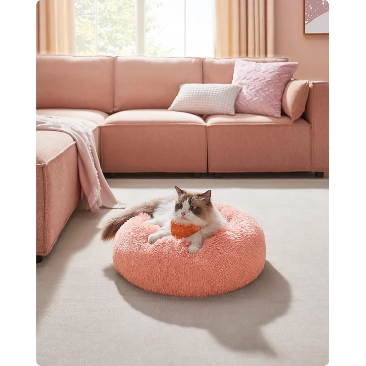 Feandrea Hundebett flauschig, Katzenbett, Donut Kissen, waschbar, Polsterung in der Mitte herausnehmbar, Langer Plüsch, 50 cm Durchmesser, rosa PGW037R01 – Bild 2