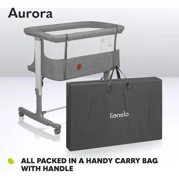 lionelo Aurora 3in1 Baby Nachttisch Co-Sleep für Babys ab Geburt bis 9 kg, verstellbare Höhe & Neigung, Matratze, 4 feststellbare Räder, atmungsaktive Mesh-Einsätze, tragbar, waschbar, Tragetasche, – Bild 7