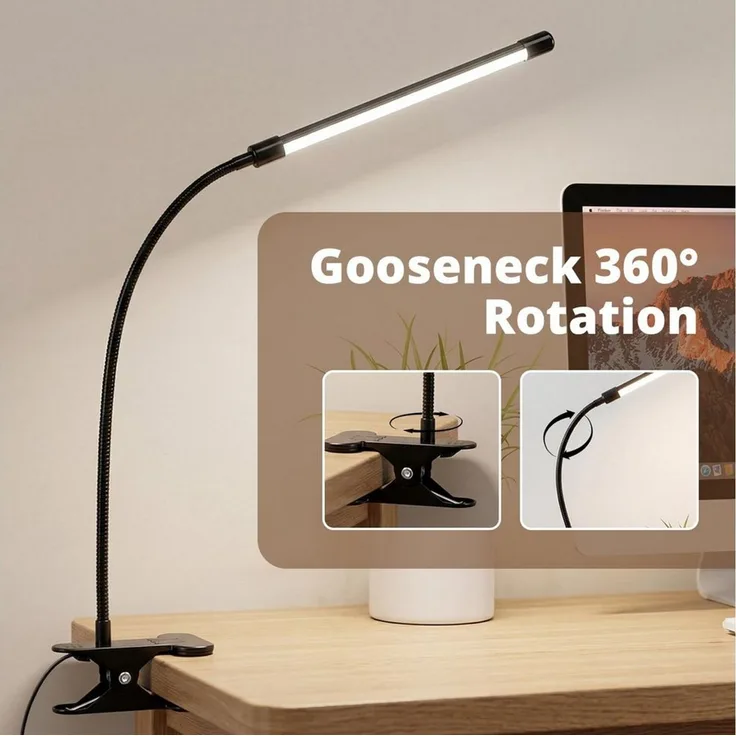 LQWELL LED Leselampe Klemmlampe Leselampe Bett, Dimmbare Klemmleuchte, LED fest integriert, 3 Helligkeitsstufen & 360° Flexible Klemme Schreibtischlampe, mit Touch-Funktion für Heimbüro