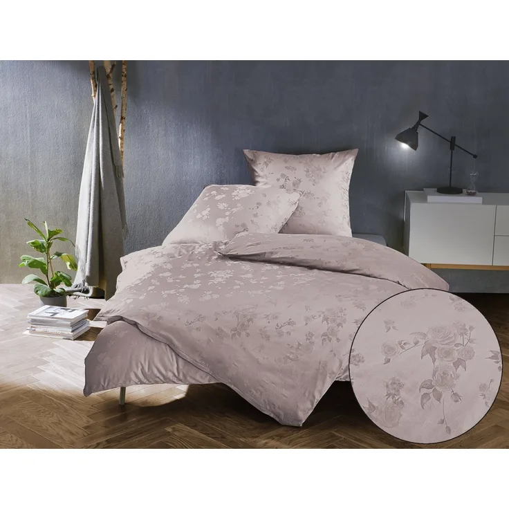 Bettwaesche-mit-Stil Mako Satin Jacquard Damast Bettwäsche Zoé Rose – puder – Garnitur 200x200 + 2x 80x80 cm