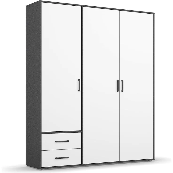 Rauch Möbel Voyager Schrank Kleiderschrank Drehtürenschrank, Alpinweiß/Graumetallic, 3-türig mit 2 Schubladen, inkl. 1 Kleiderstange, 3 Einlegeböden BxHxT 140x194x53 cm